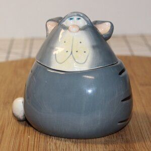 Vintage Russ Berrie Hand-Painted Grey Catz Cat Candle Holder & Trinket Dish